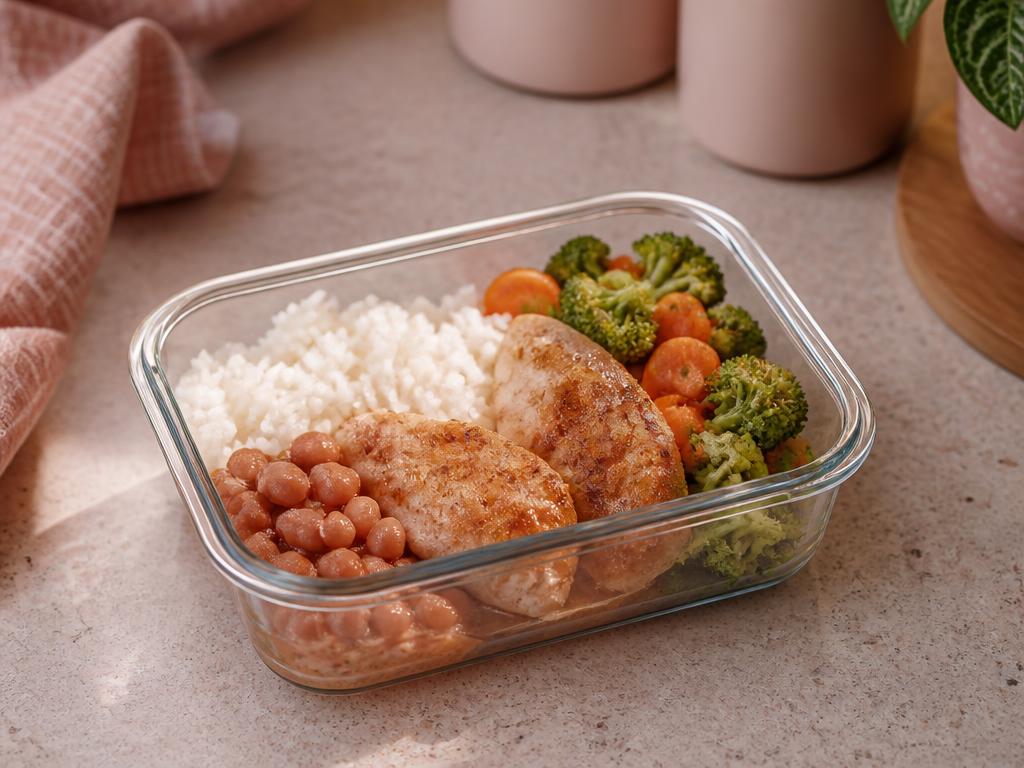 Marmita com arroz, feijão, frango e legumes