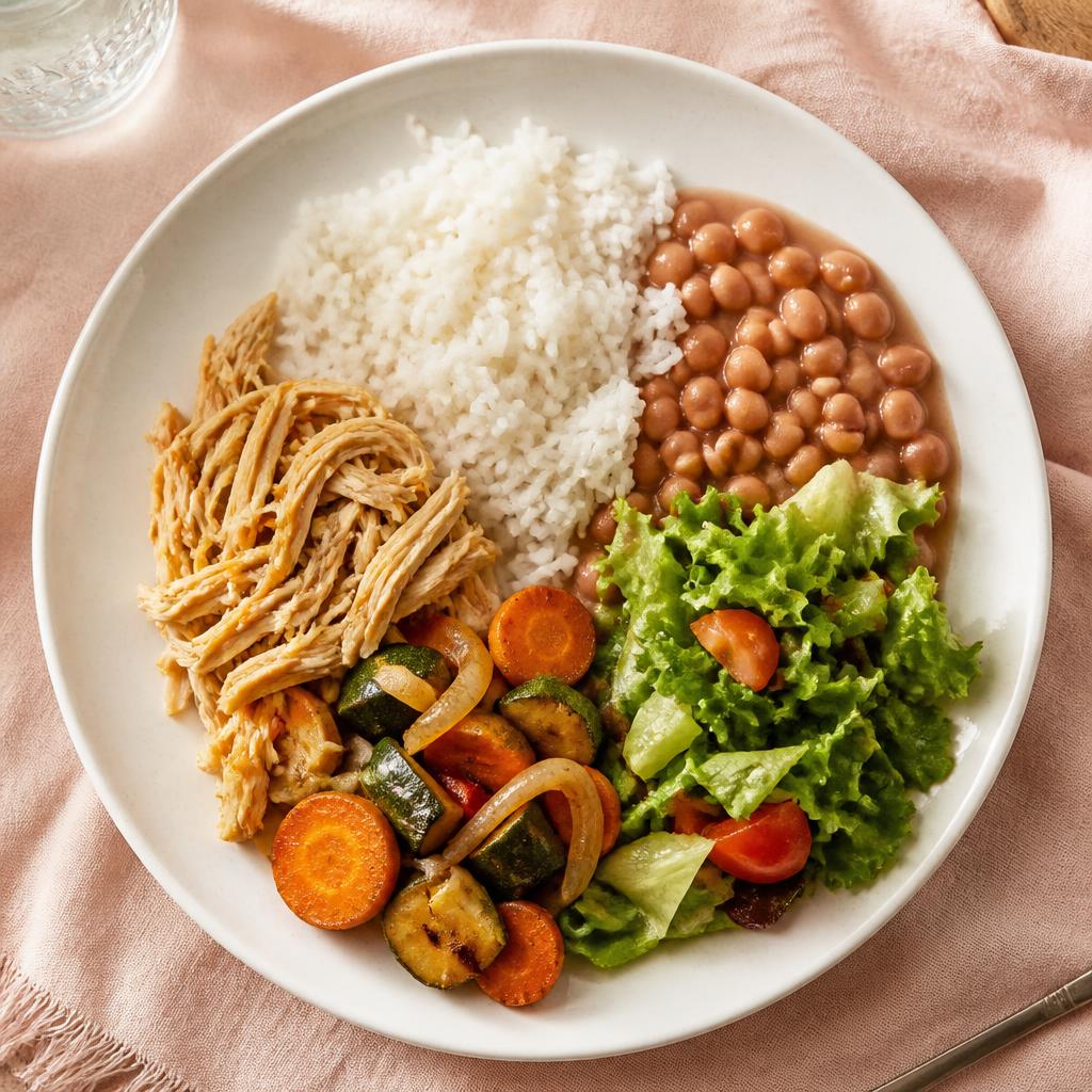 Prato com arroz, feijão, frango desfiado, legumes refogados e salada
