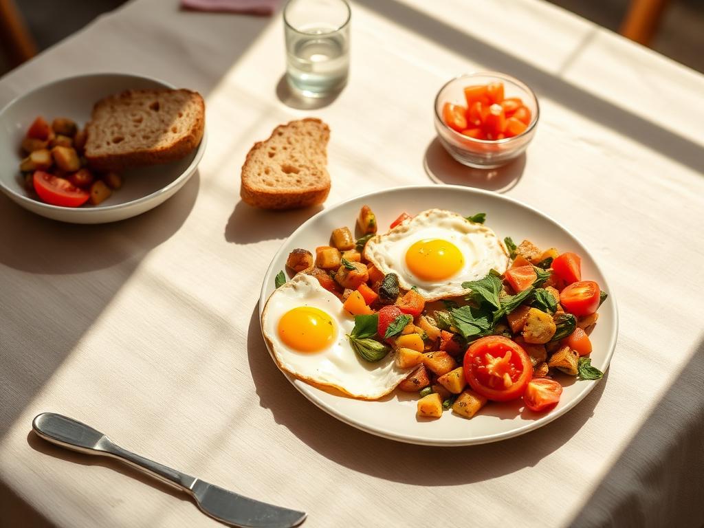 Refeição simples com ovos, legumes, pão e tomate
